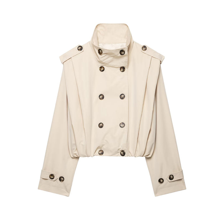 Ladies Cropped Double-breasted Trench Coat with Funnel Collar and Drawstring Hem Mune Fashion