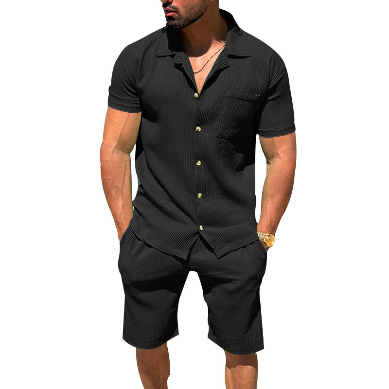 Men's casual two-piece leisure set made of ribbed jersey with shirt collar button placket and shorts Mune Fashion