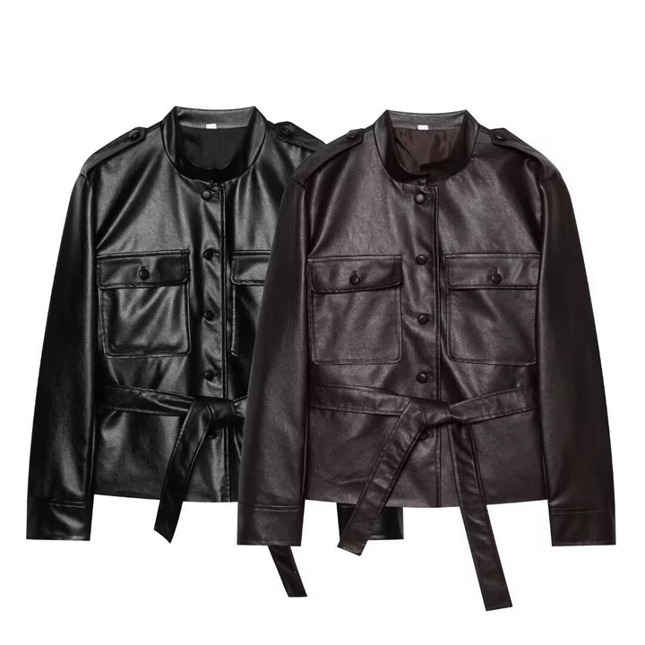 Women Cropped Safari Jacket made of vegan leather with tying belt and epaulettes Mune Fashion