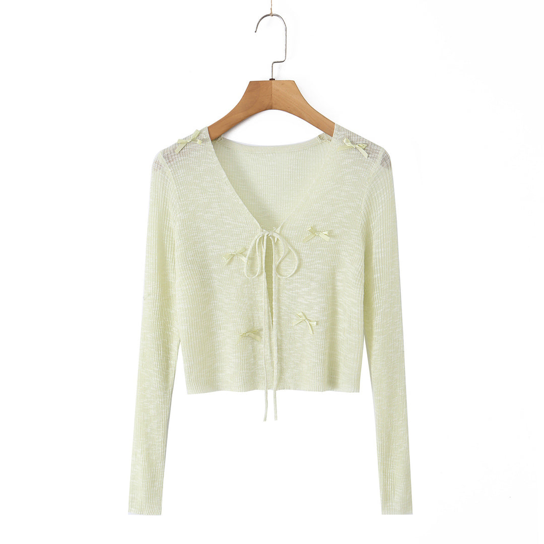 Women Cropped Fine Knit Cardigan with V-Neck, Tie Strap and Decorative Bows Mune Fashion