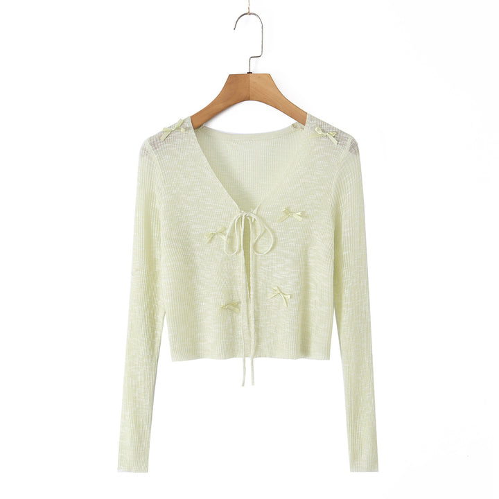 Women Cropped Fine Knit Cardigan with V-Neck, Tie Strap and Decorative Bows Mune Fashion