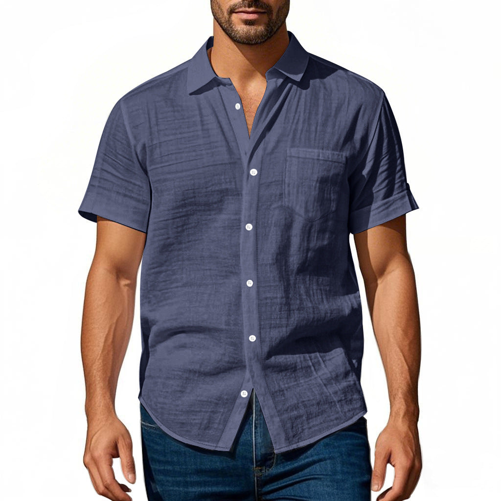Men's short-sleeved casual shirt made of linen blend with chest pocket and rounded hem Mune Fashion