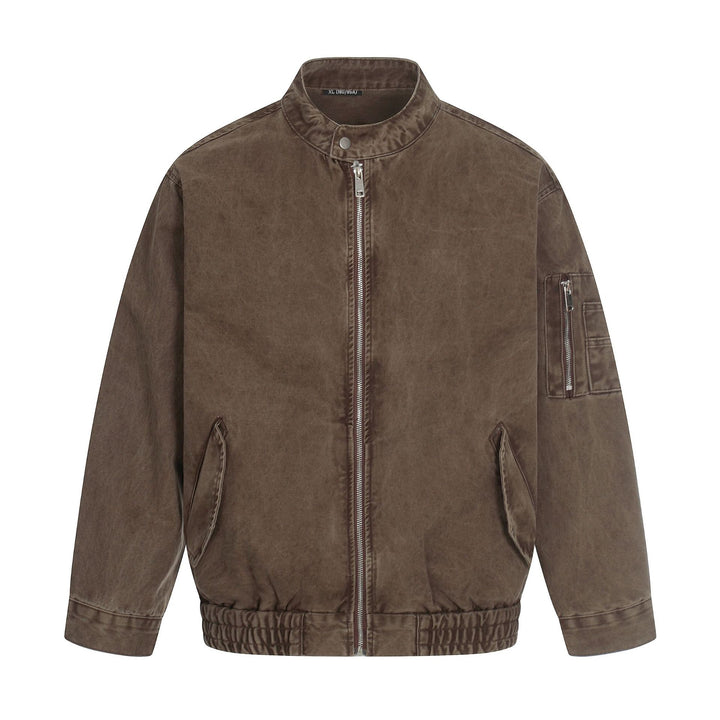 Men's short cut vintage-wash bomber jacket in boxy cut with stand-up collar and sleeve zip.