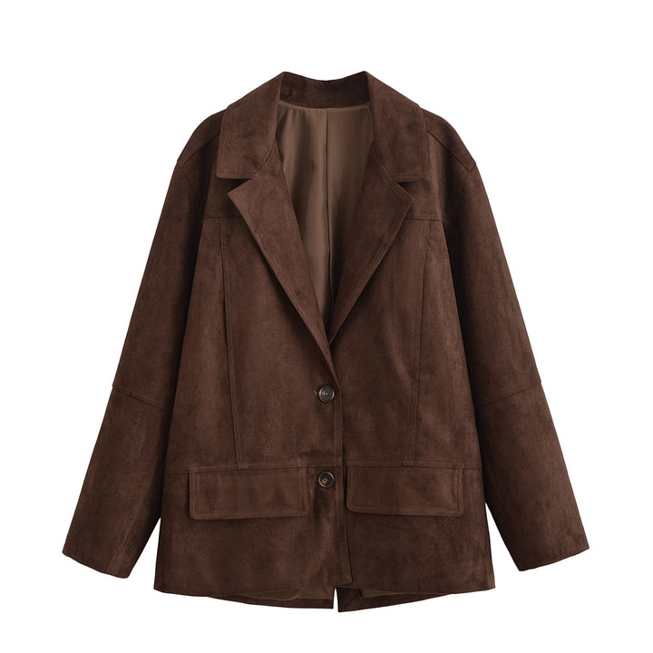 Women's Oversized Suede Look Blazer Jacket with Lapel Collar and Flap Pockets Mune Fashion