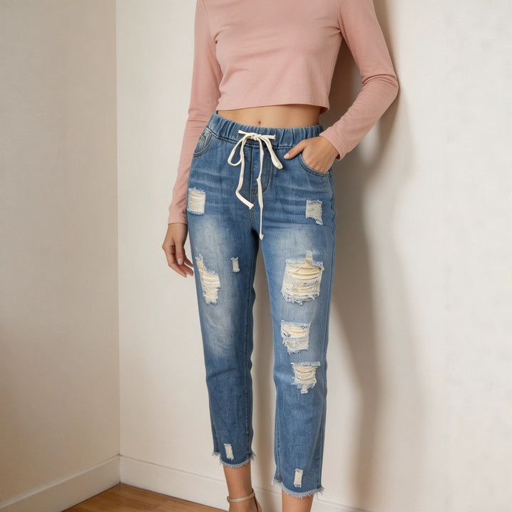 Women nan loose Destroyed-Denim Jogger with elastic drawstring waistband and frayed ankle hem Mune Fashion