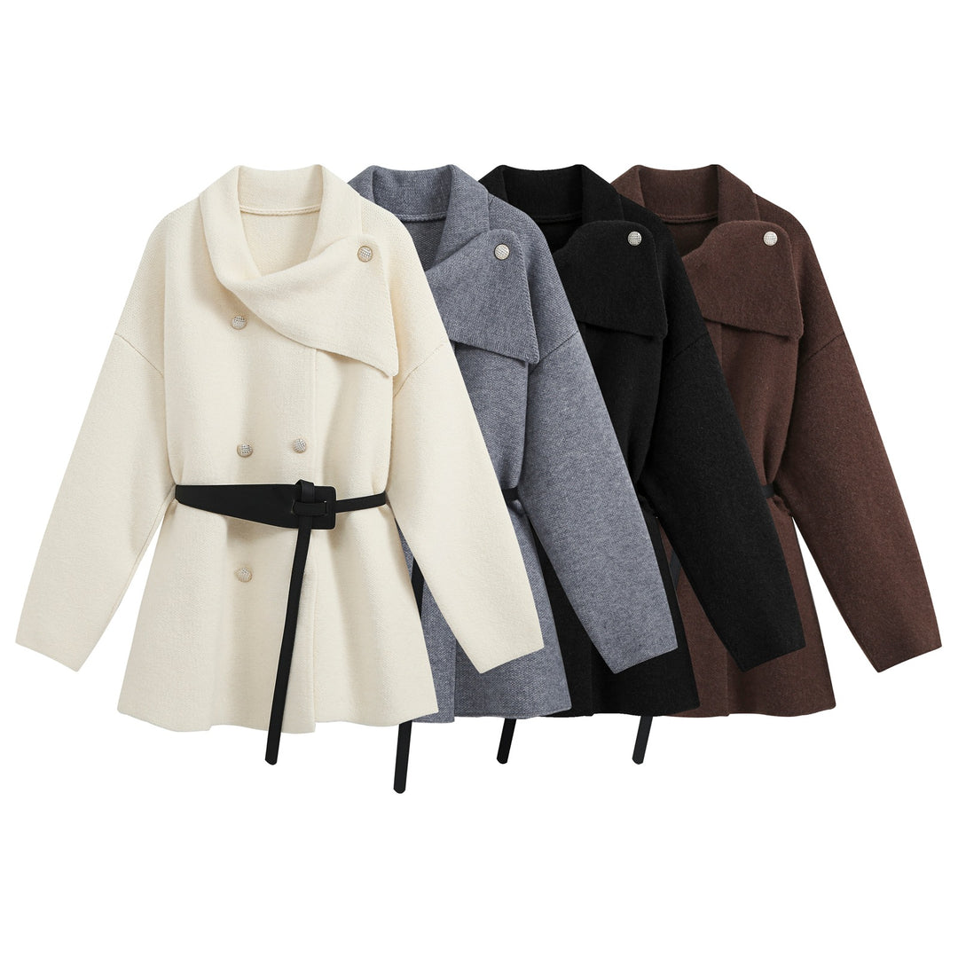 Women's Short Blouson Coat in Cocoon Cut with Asymmetrical Shawl Collar and Waist Belt Mune Fashion