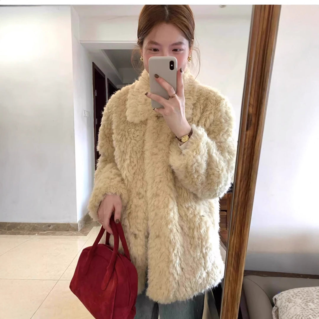 Women's Short Teddy Faux Fur Coat with Full Collar and Boxy Silhouette Mune Fashion