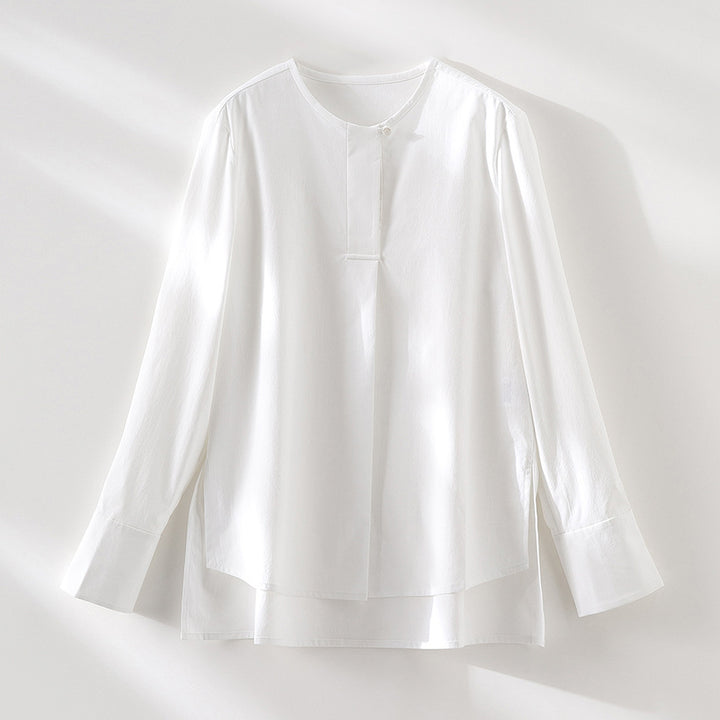 Ladies Casual Long Sleeve Blouse with Hidden Button Placket and Layered Hem Mune Fashion
