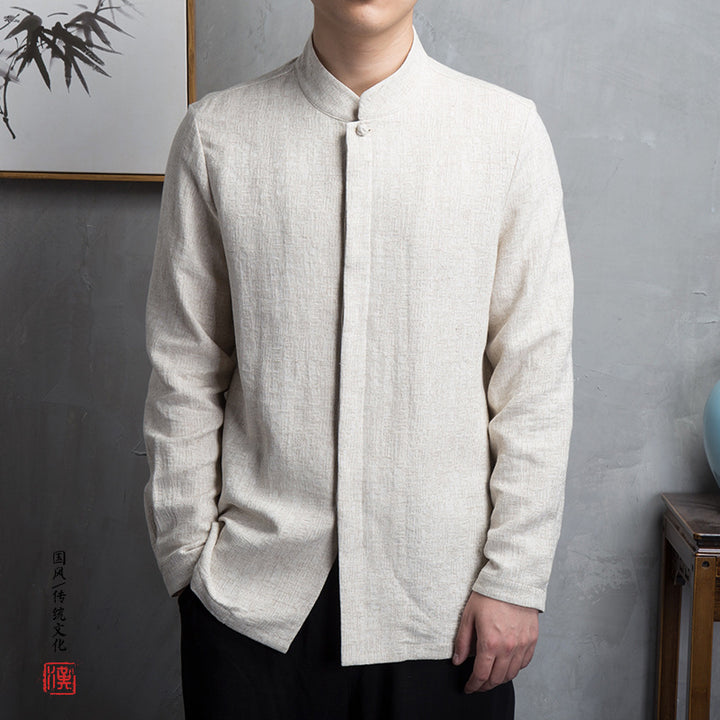 Men's light linen shirt with stand-up collar and hidden button placket Mune Fashion
