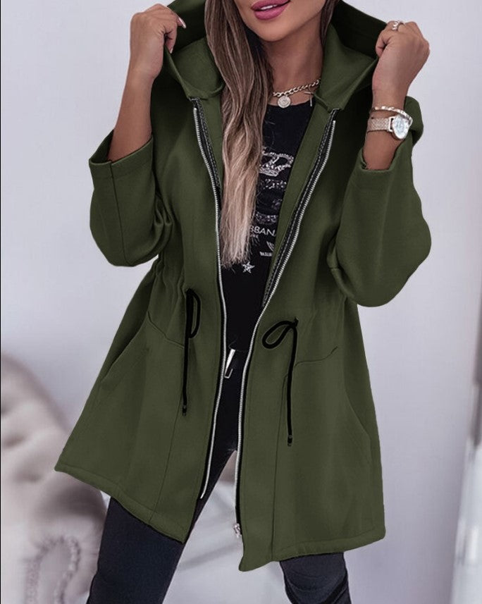 Women Lightweight Hooded Parka with Drawstring and Double Zipper Mune Fashion