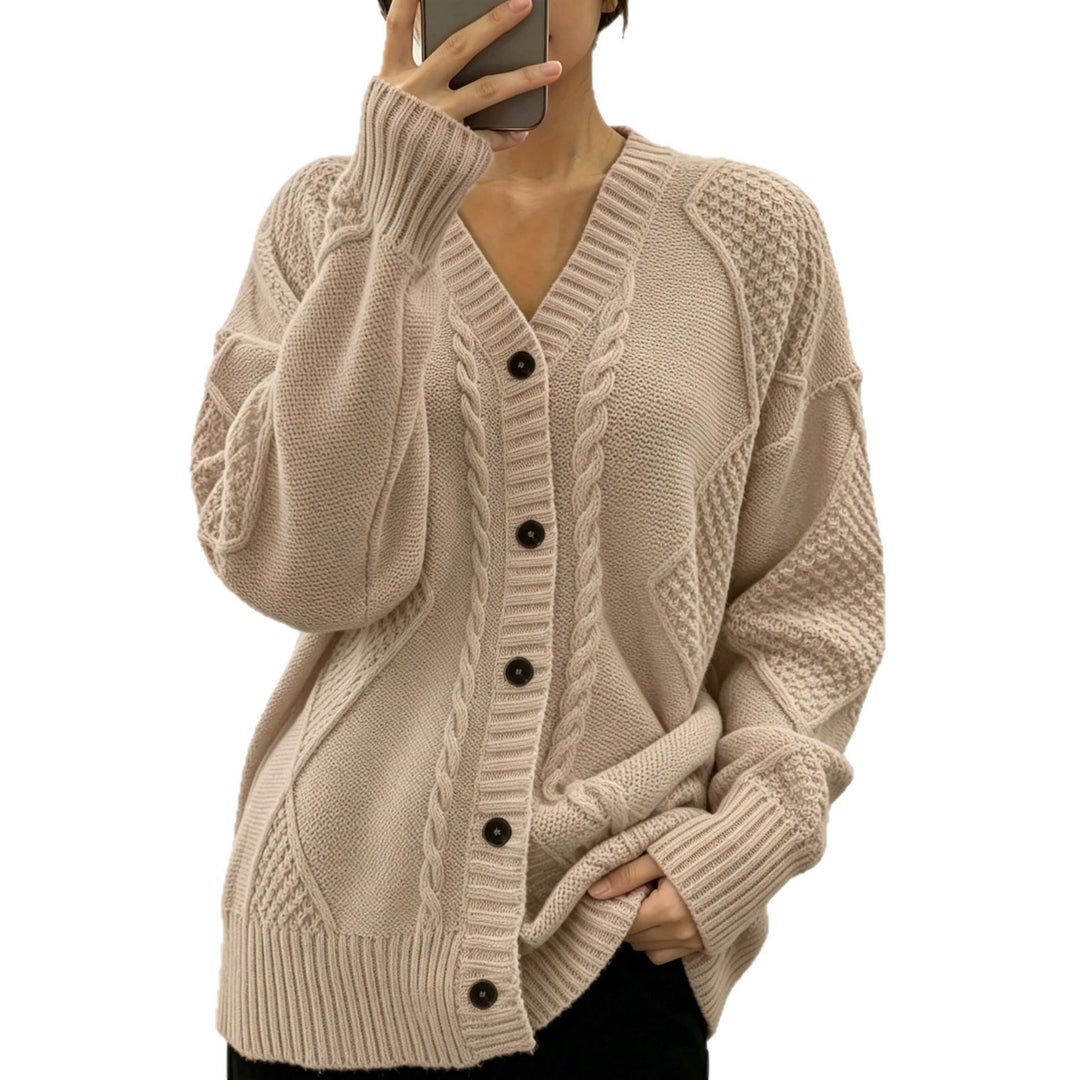 Women's Oversize Knit Cardigan with Cable and Texture Details Mune Fashion