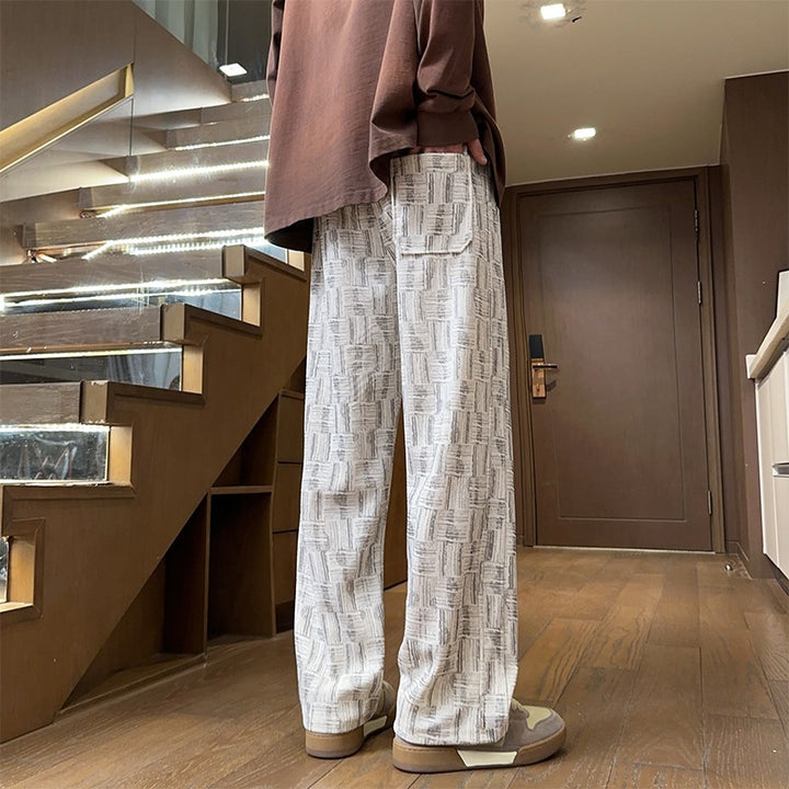 Men's Wide Structured Linen Look Pants with Relaxed Silhouette and Graphic Pattern Mune Fashion