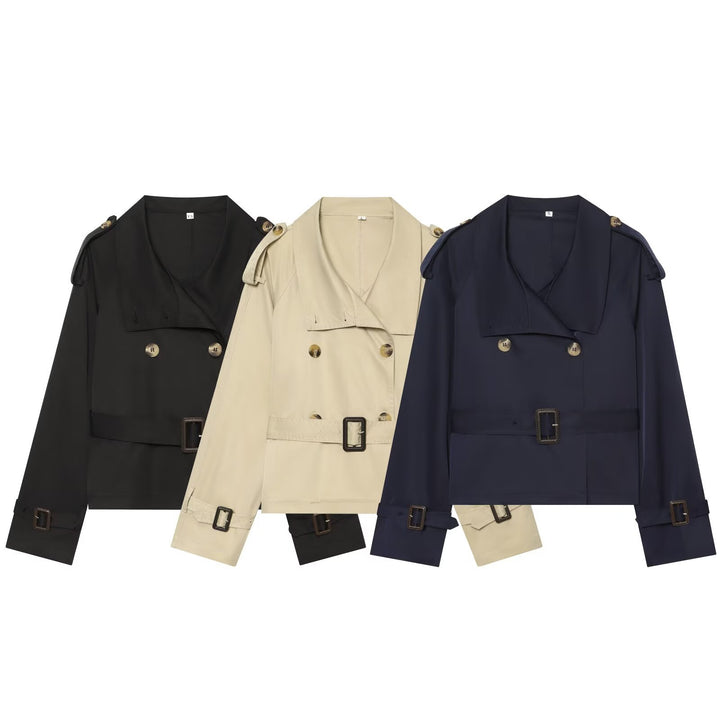 Women's Short Trench in Boxy Style with Double-Breasted Closure, Buckle Sleeves and Waist Belt Drune