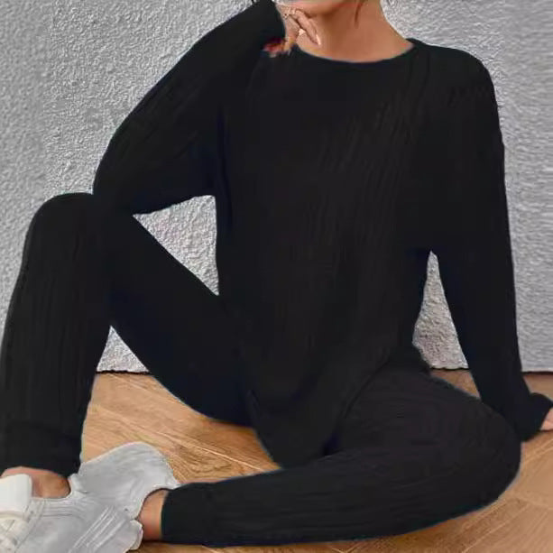 Women's Ribbed Relax Two-Piece Made of Fine Knit with Round Neckline and Slim Jogger Mune Fashion