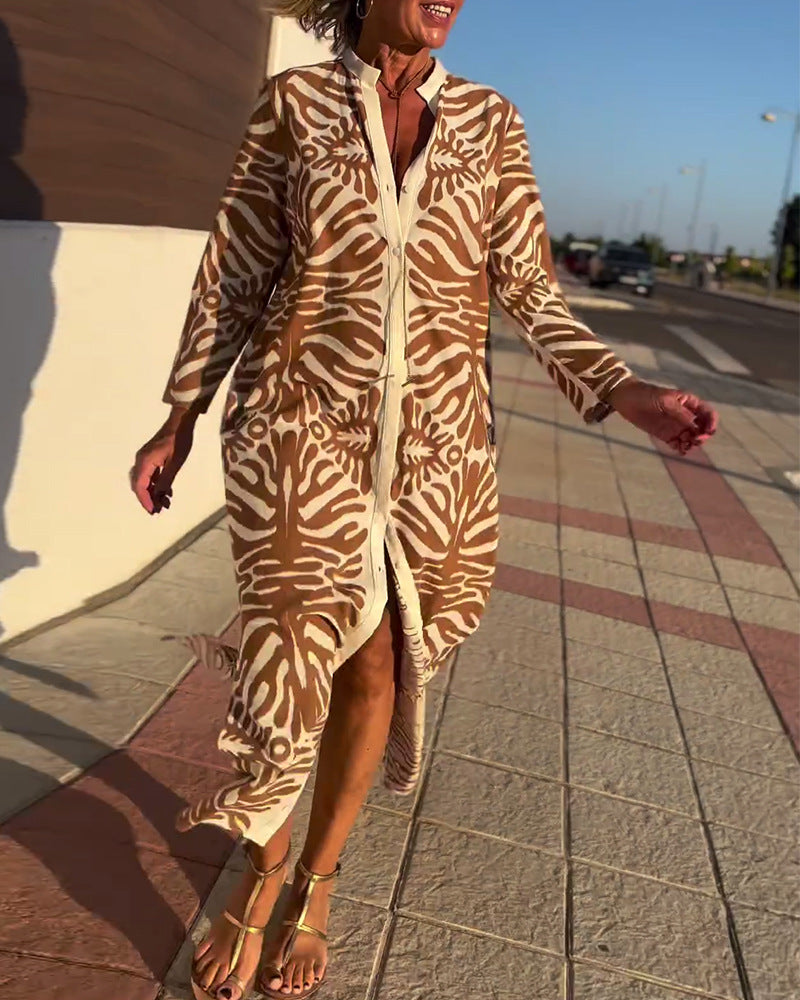 Women's long shirt dress with stand-up collar, concealed button placket and side slit Mune Fashion