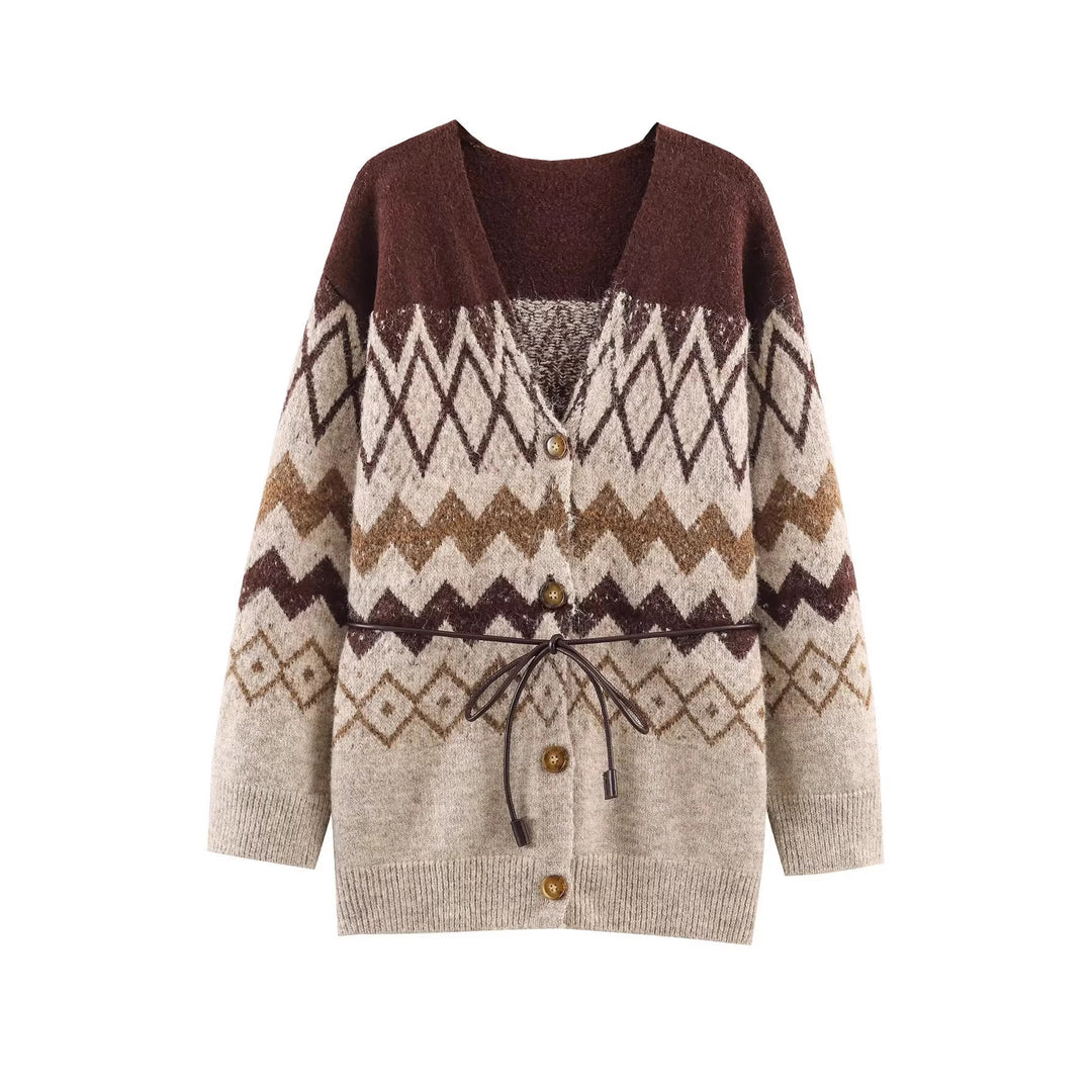 Women's Patterned Knit Cardigan with V-Neck, Button Placket and Waistband Mune Fashion
