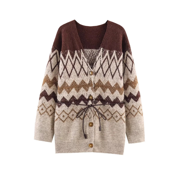 Women's Patterned Knit Cardigan with V-Neck, Button Placket and Waistband Mune Fashion