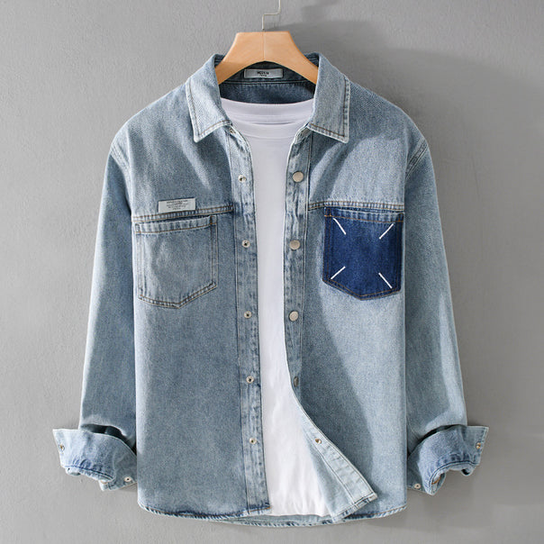 Men's denim shirt jacket with contrasting chest pocket and snap button closure Mune Fashion