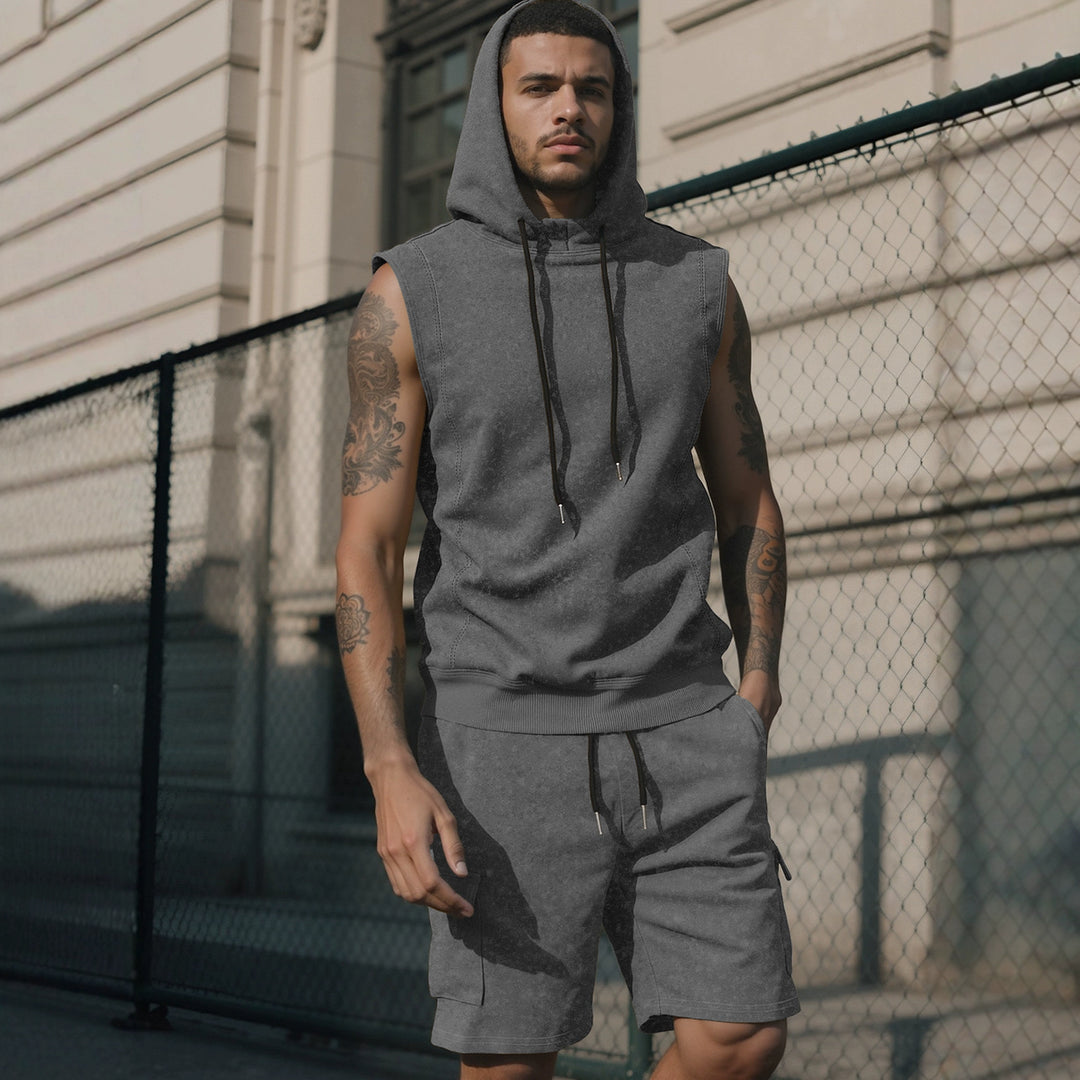 Men's Hooded Muscle Shirt Set with Functional Cargo Bermuda Mune Fashion