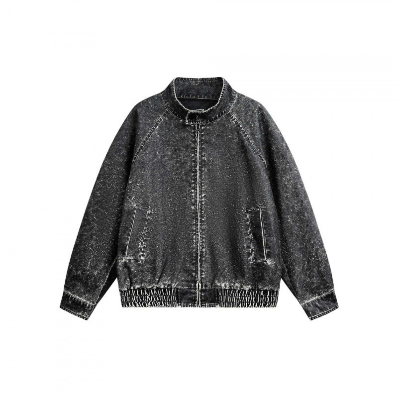 Men's short-cut worker bomber jacket in used denim look with standing collar, concealed zipper, and elastic hem Mune Fashion