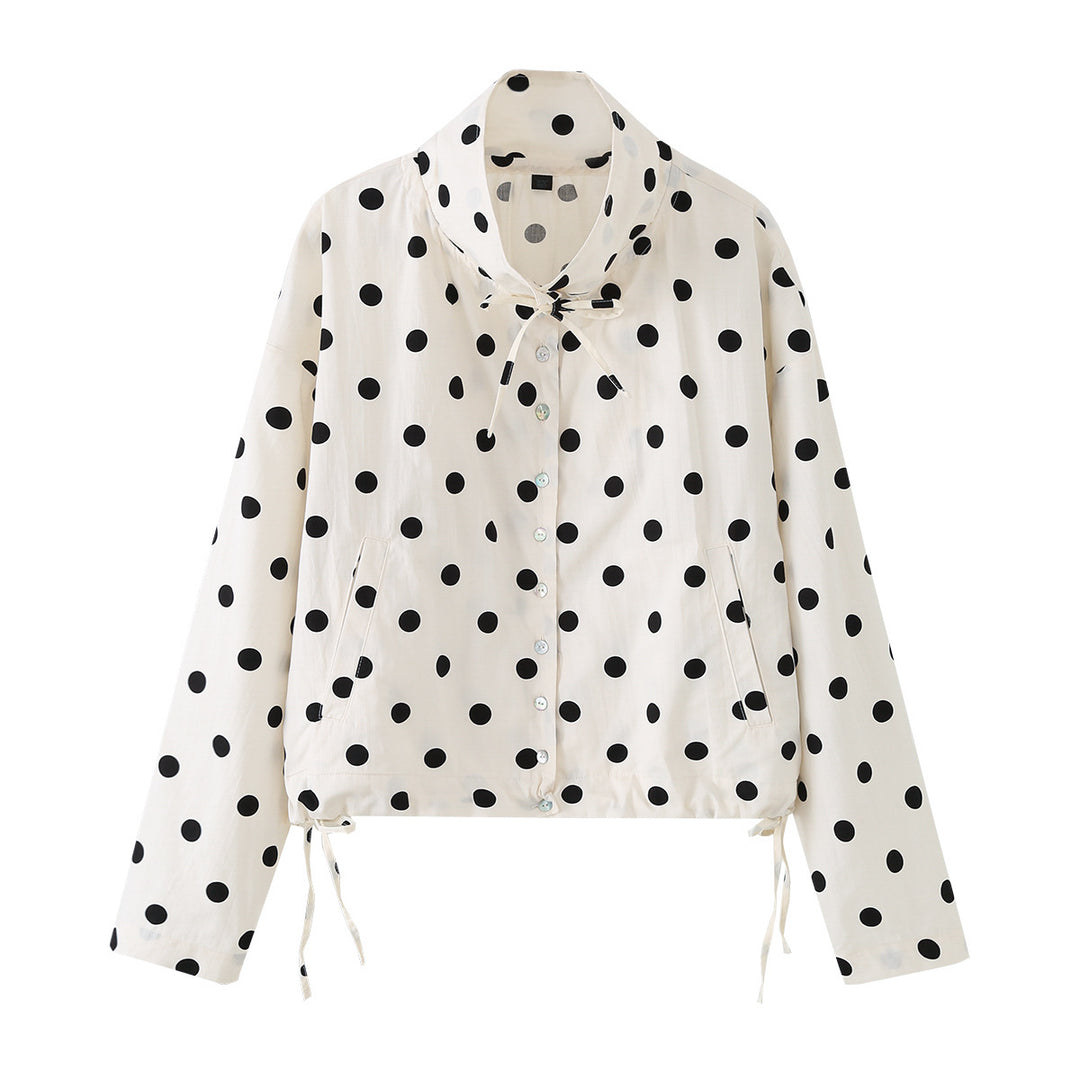 Women's bomber jacket with polka dot pattern, stand-up collar, drawstring and adjustable waist pull Mune Fashion