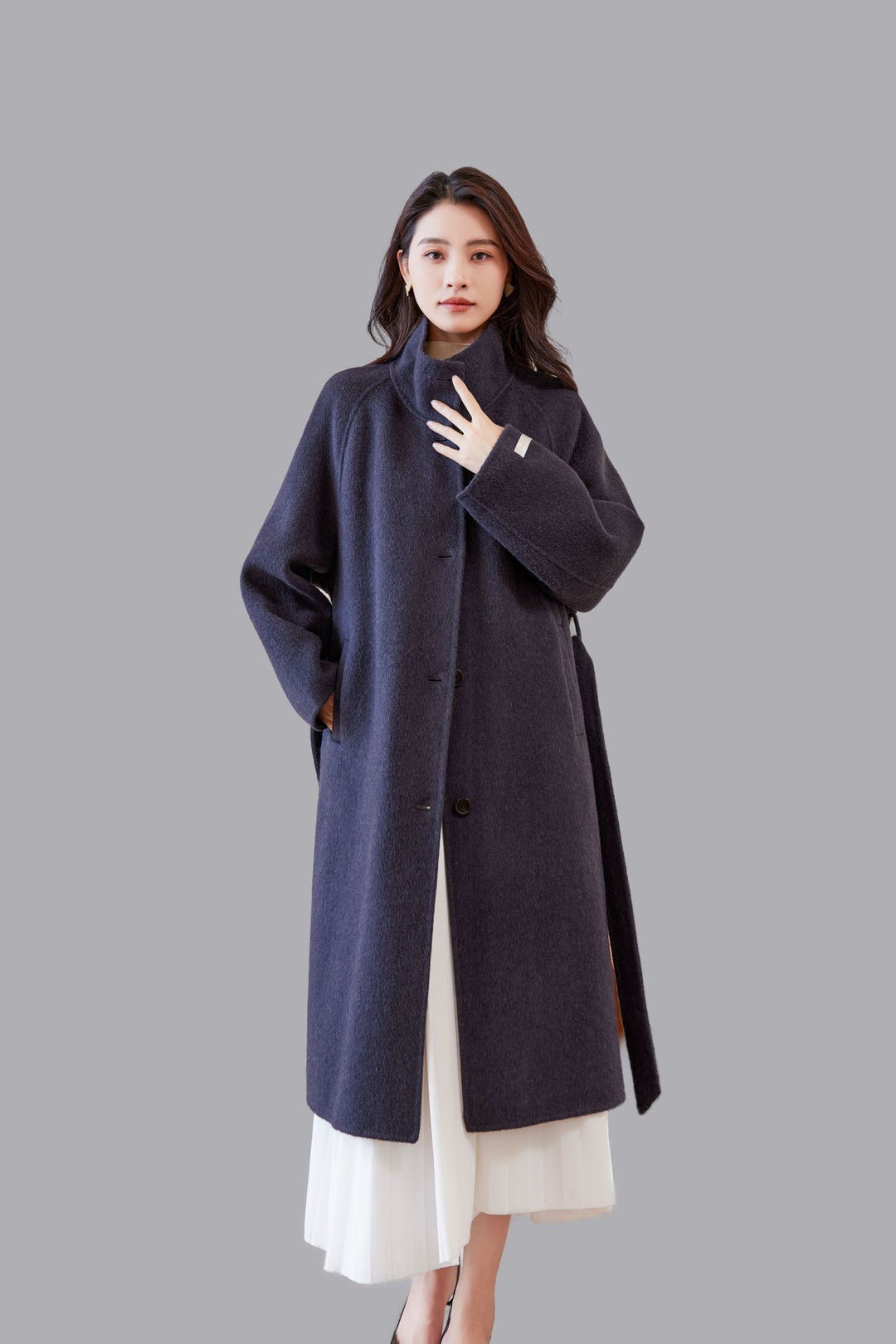Women's Oversized Wool Coat with Stand-up Collar and Waist Belt Mune Fashion