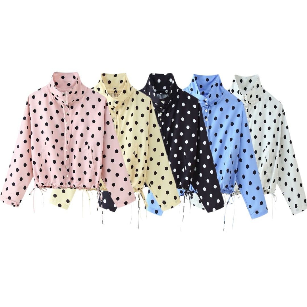 Women's Polka Dot Cropped Blouse with Stand Collar and Drawstring Hem Mune Fashion