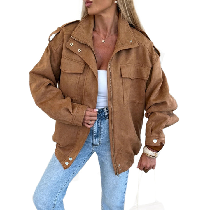 Women's Oversized Jacket in Suede Look with Chest Pockets and Epaulettes Mune Fashion
