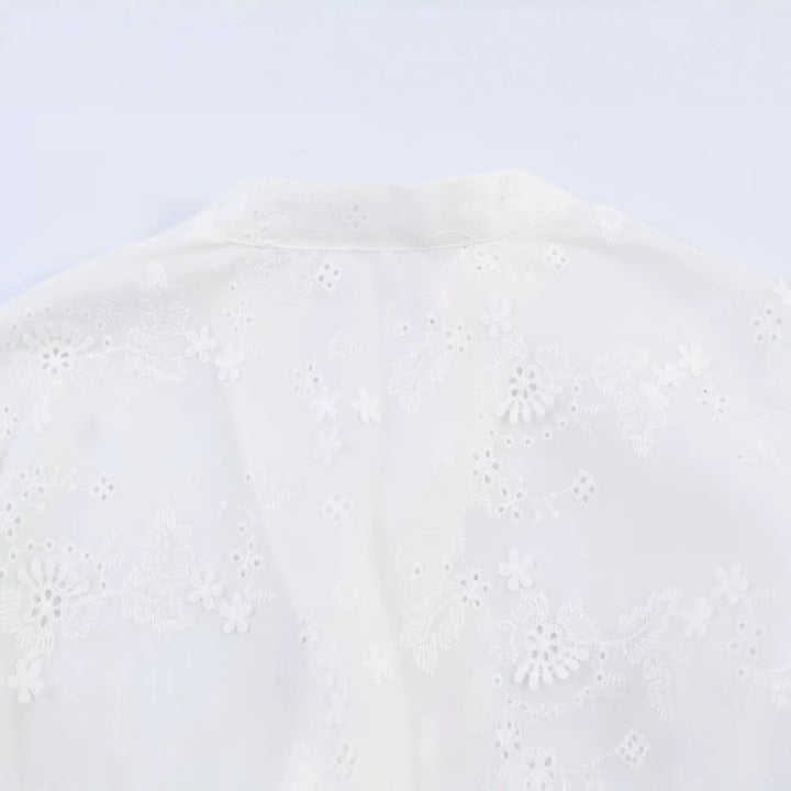 Women's Embroidered Cropped Blouse with Stand-up Collar, Cutwork Embroidery and Tailored Waist Mune Fashion