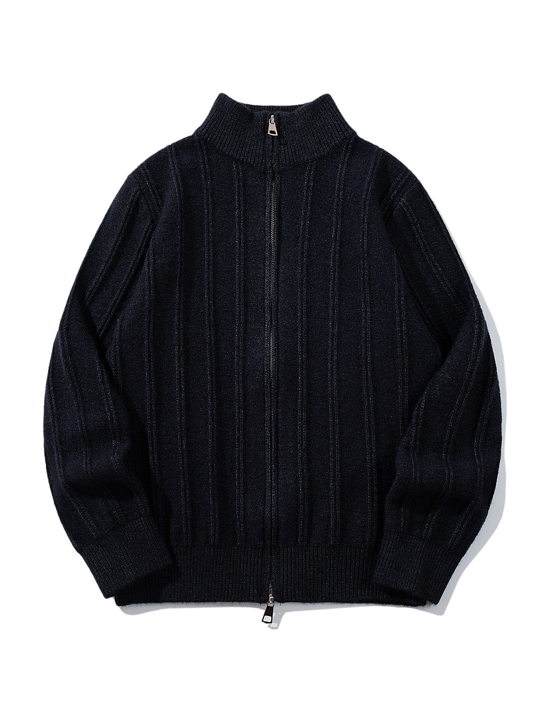 Unisex Gathered Knit Zip Jacket with High Stand-up Collar and Vertical Structure Mune Fashion