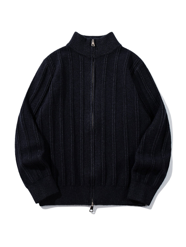 Unisex Gathered Knit Zip Jacket with High Stand-up Collar and Vertical Structure Mune Fashion