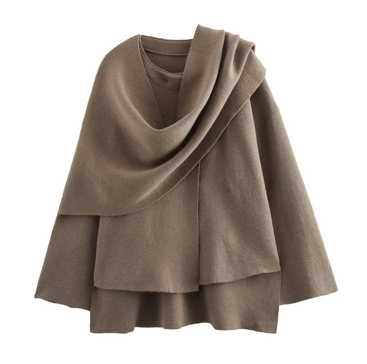 Women's Layered Poncho with Sleeves and Button Collar Mune Fashion