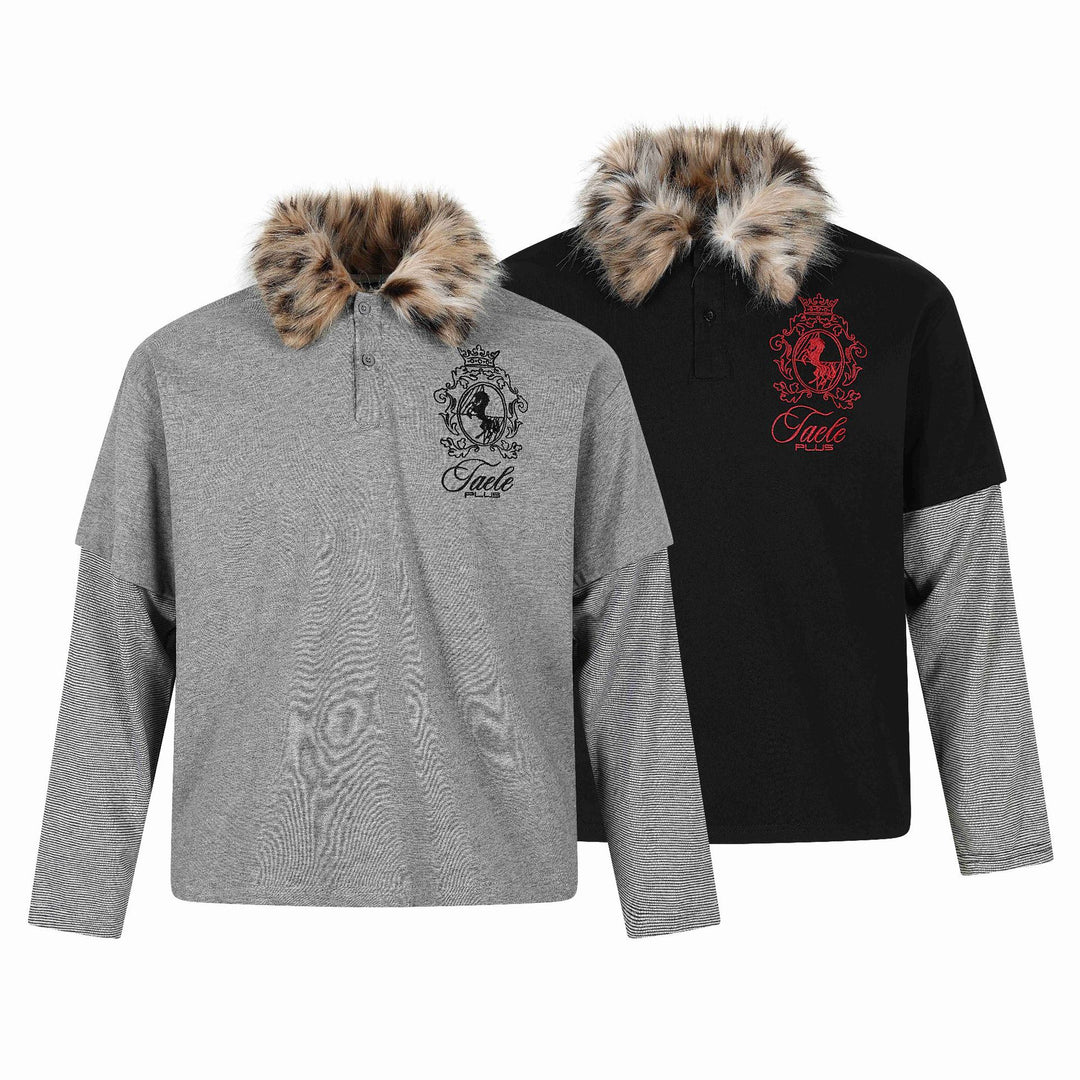 Women Layered-Look Long Sleeve Polo with Faux Fur Collar and Badge Embroidery Mune Fashion