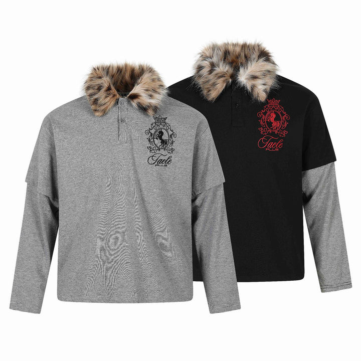 Women Layered-Look Long Sleeve Polo with Faux Fur Collar and Badge Embroidery Mune Fashion