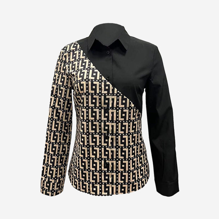 Women's fitted shirt blouse with geometric print and asymmetrical contrast trim Mune Fashion