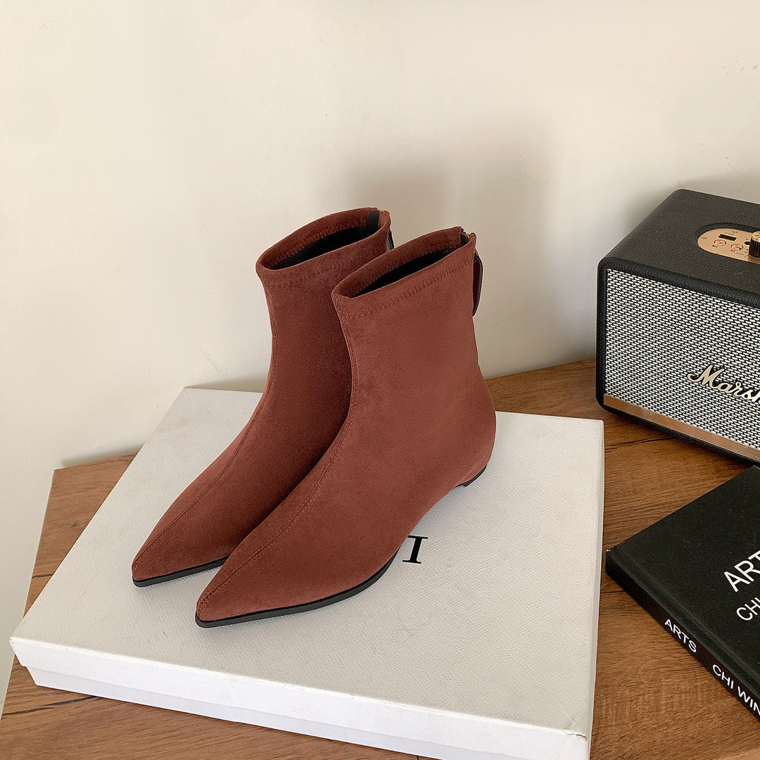 Women Narrow pointed suede ankle boots with hidden wedge heel and heel strap Mune Fashion