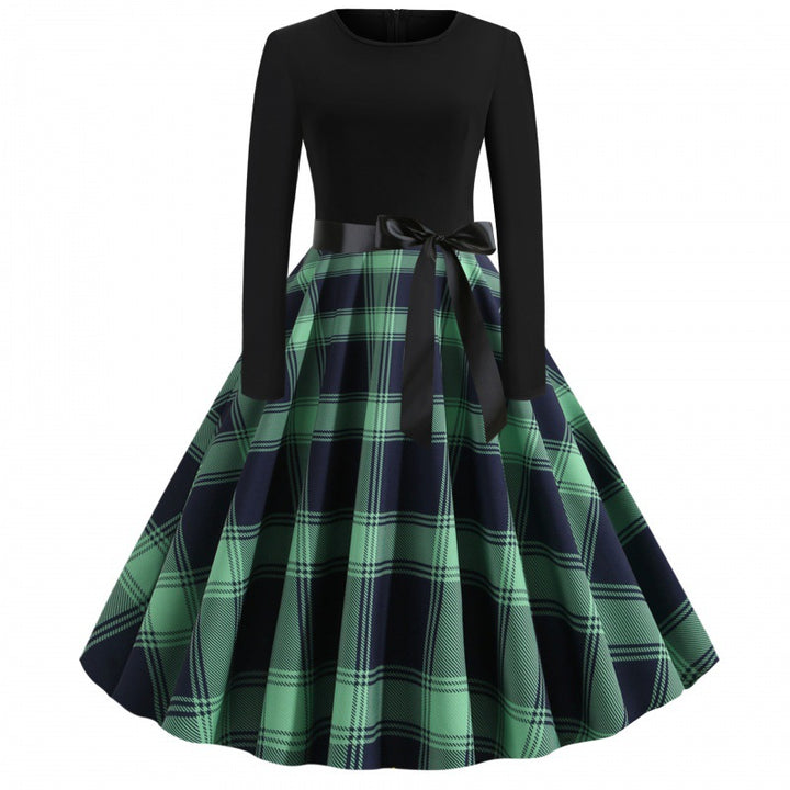 Ladies Vintage Pleated Dress with Checkered Pleated Skirt, fitted Long Sleeve Top and Satin Sash Mune Fashion