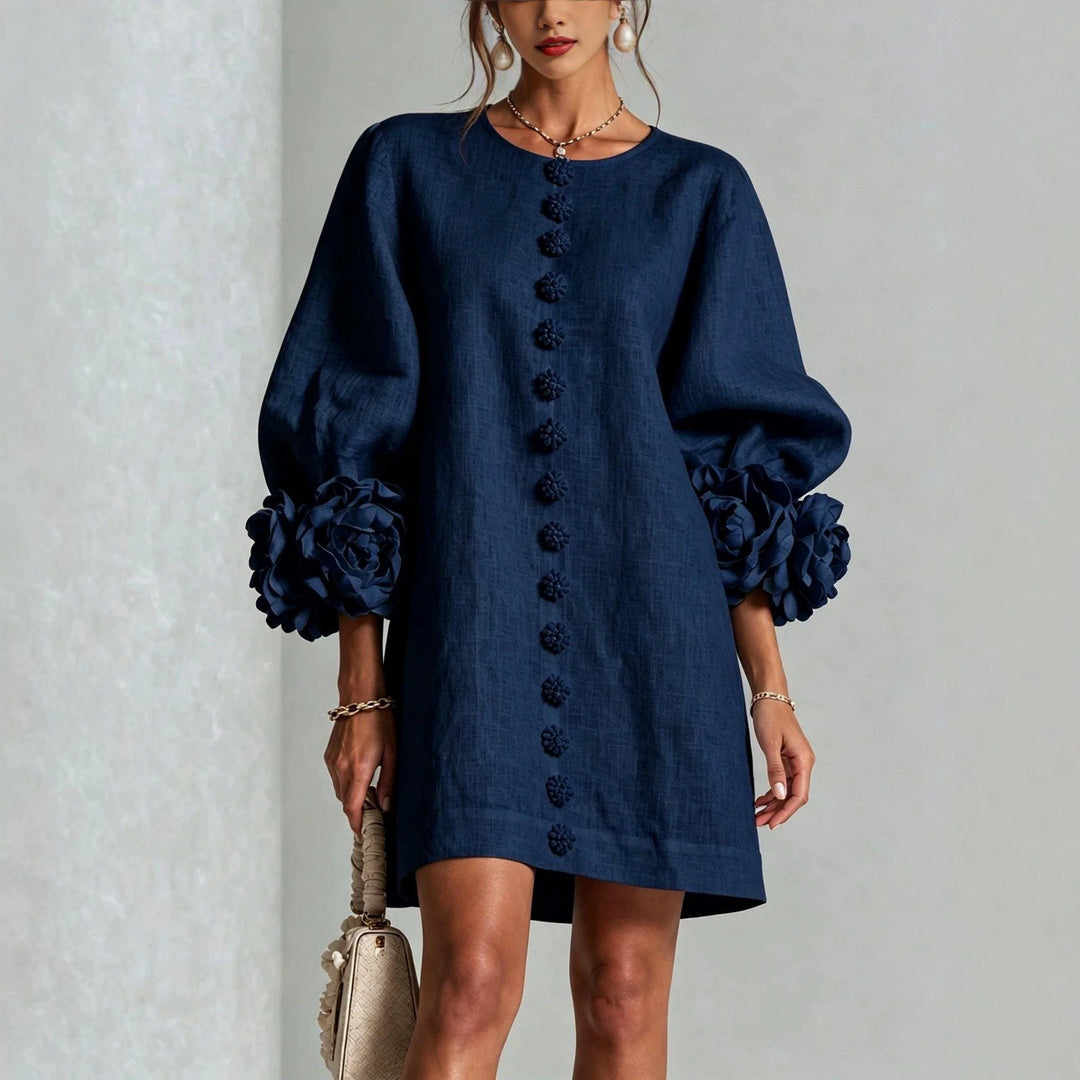 Women’s Short-Cut Linen Dress with 3D Flower Sleeves and Center Button Placket Mune Fashion