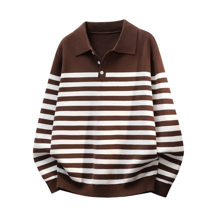 Men Striped Oversize Polo Knit Sweater with Half Button Placket and Ribbed Finishes Mune Fashion