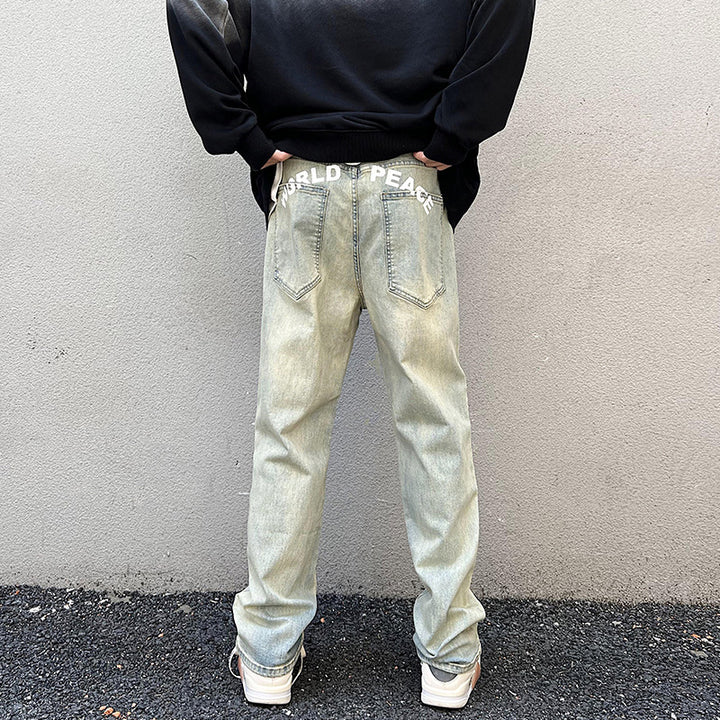 Men's Loose Straight Denim Jeans with Light Stonewash Look and Low Crotch Mune Fashion