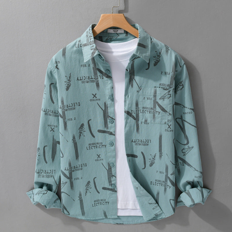 Men's Lightweight Cotton Crinkle Shirt in Relaxed Fit with Typo Allover Print and Applied Chest Pocket Mune Fashion