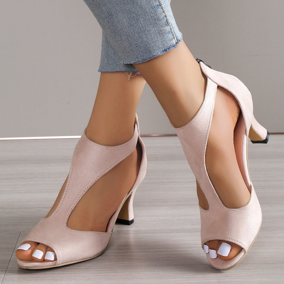 Ladies' elegant T-shaped strap pumps with open toe, rear zipper and mid-high stiletto heel Mune Fashion