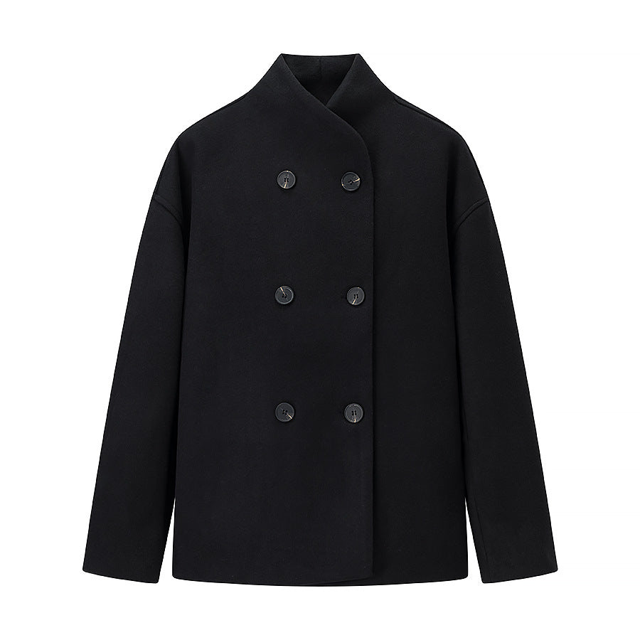 Ladies Short Double-Breasted Wool Coat with Stand-up Collar Mune Fashion