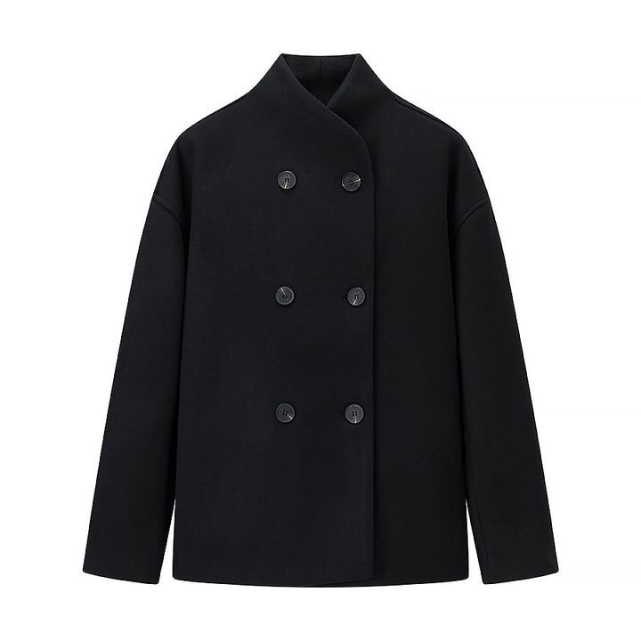 Ladies Short Double-Breasted Wool Coat with Stand-up Collar Mune Fashion