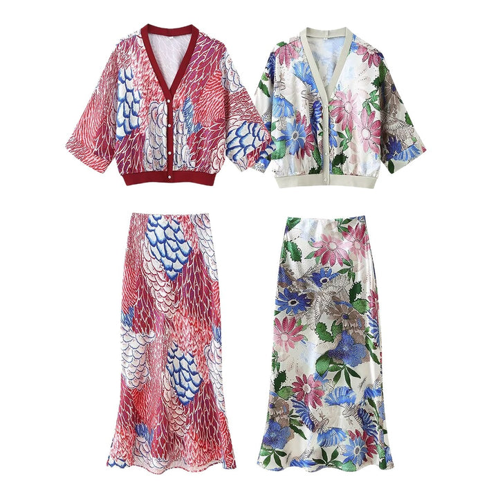 Ladies two-piece satin set with floral printed short jacket and bias-cut midi skirt Mune Fashion