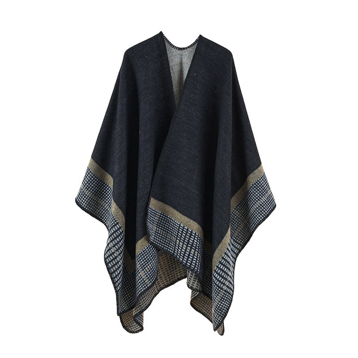 Women's wool blend poncho in asymmetric pointed cut with woven check border Mune Fashion