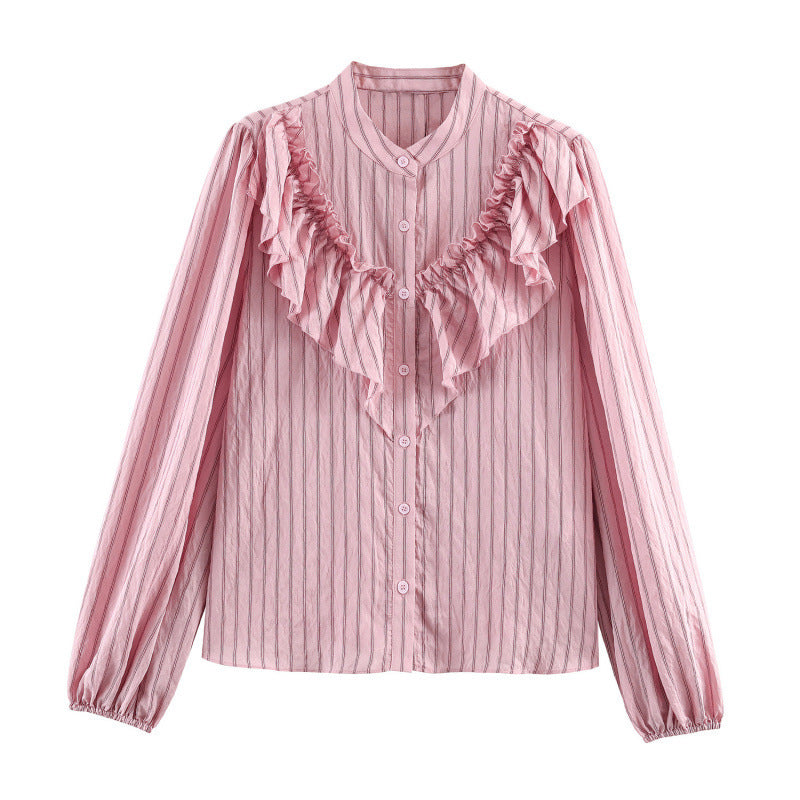 Women's Ruffle Blouse with Stand Collar, Fine Stripes and Gathered Sleeves Mune Fashion