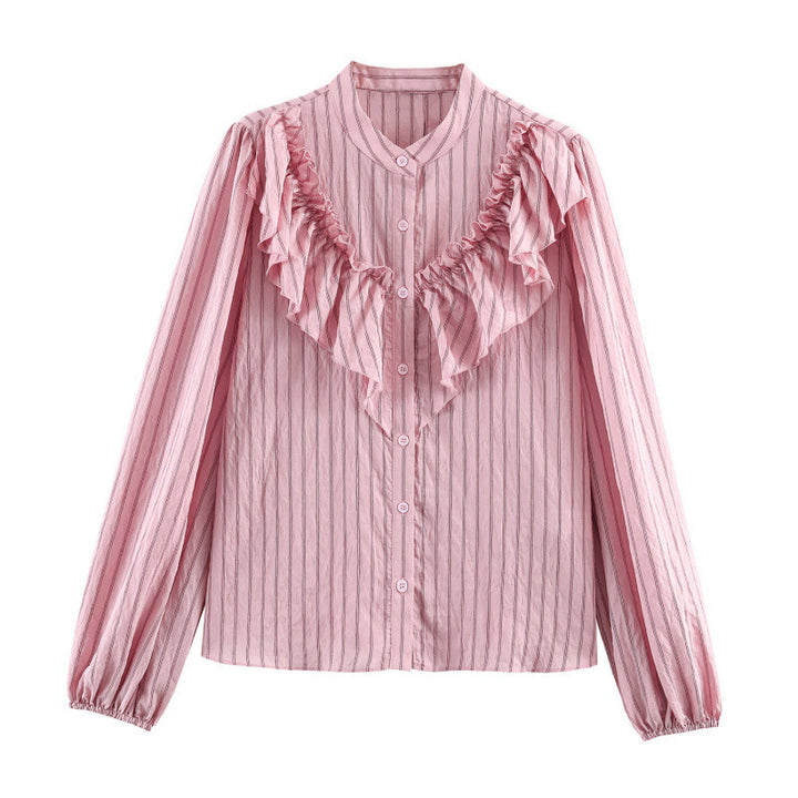Women's Ruffle Blouse with Stand Collar, Fine Stripes and Gathered Sleeves Mune Fashion