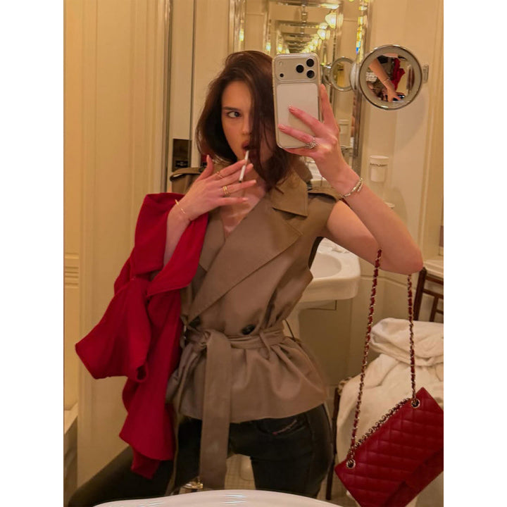 Women’s Sleeveless Tailored Trench Vest with Ties & Shoulder Flaps Mune Fashion
