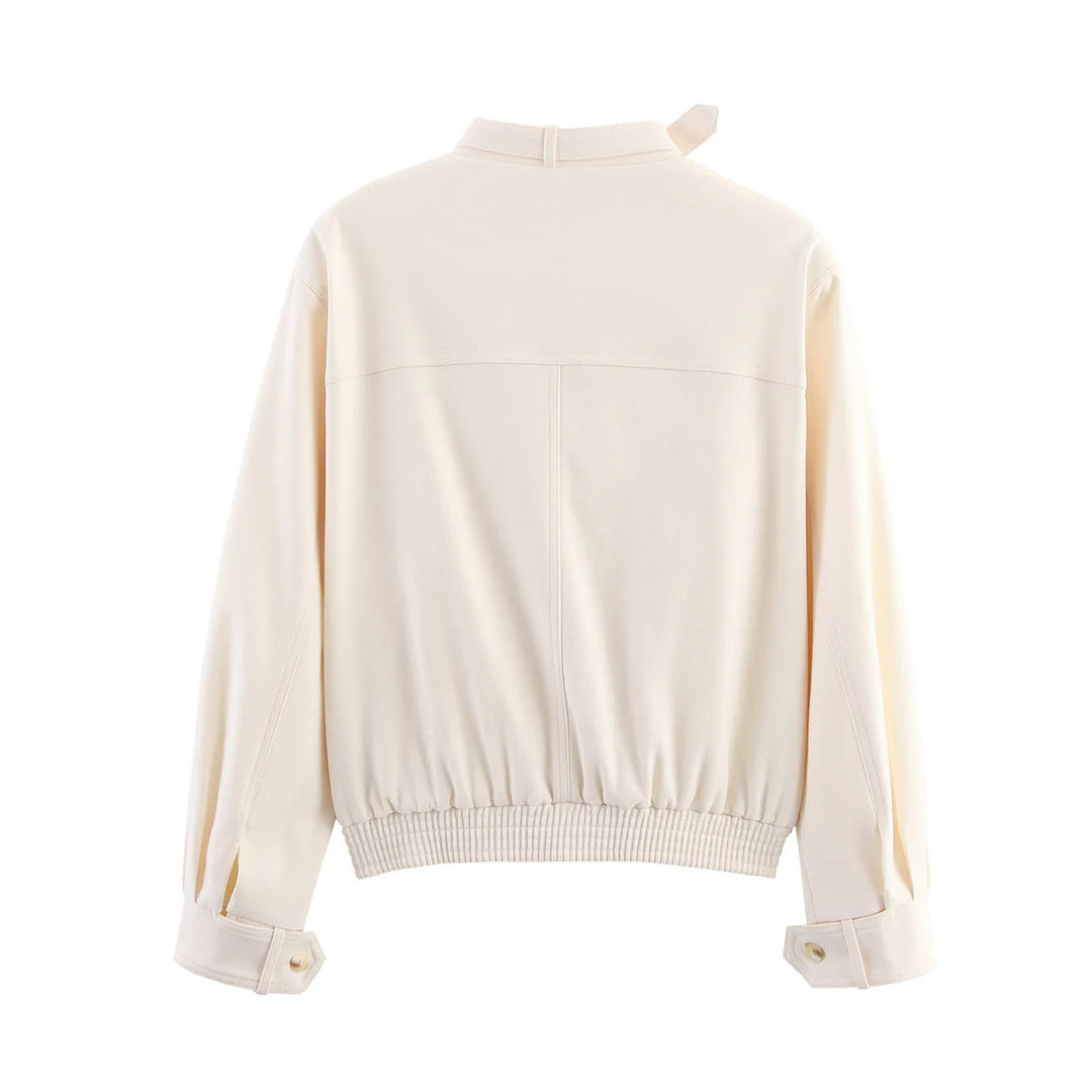 Women's nan minimalist bomber blouse with stand-up collar flap, concealed button placket and elastic waistband Mune Fashion